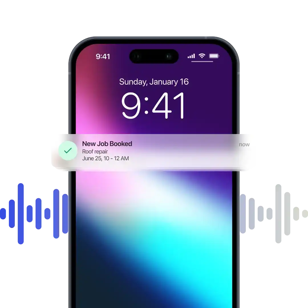 A mobile phone and notification showing booked job confirmation.