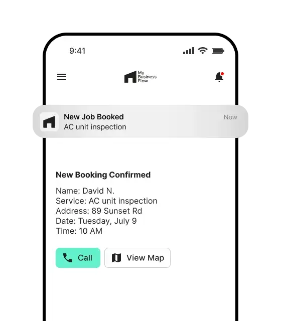 Mobile interface showing a new job booking notification for an AC unit inspection, with service details and quick actions to call or view map.