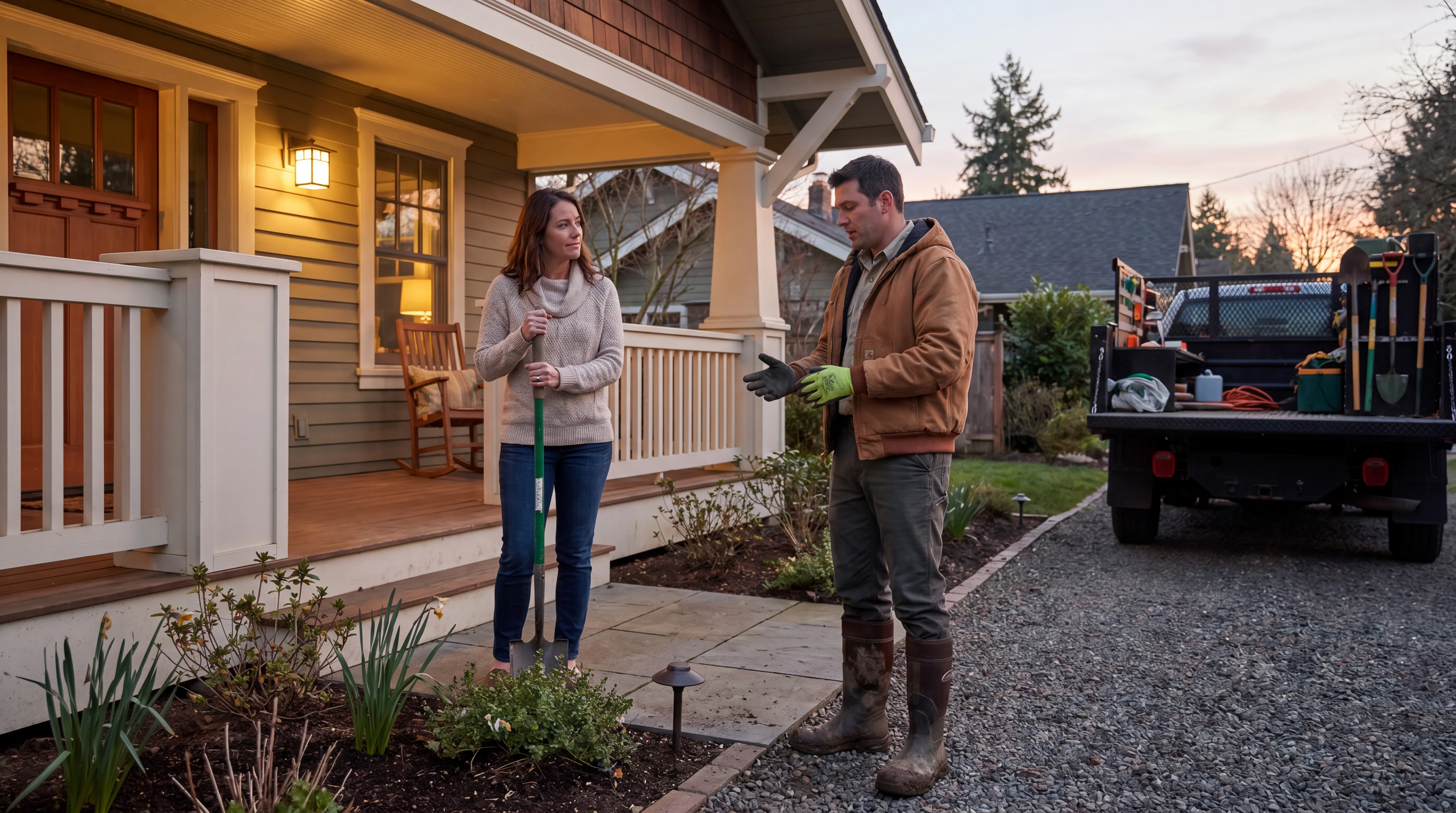 Realistic landscaping team scene illustrating after-hours booking in a home service workflow