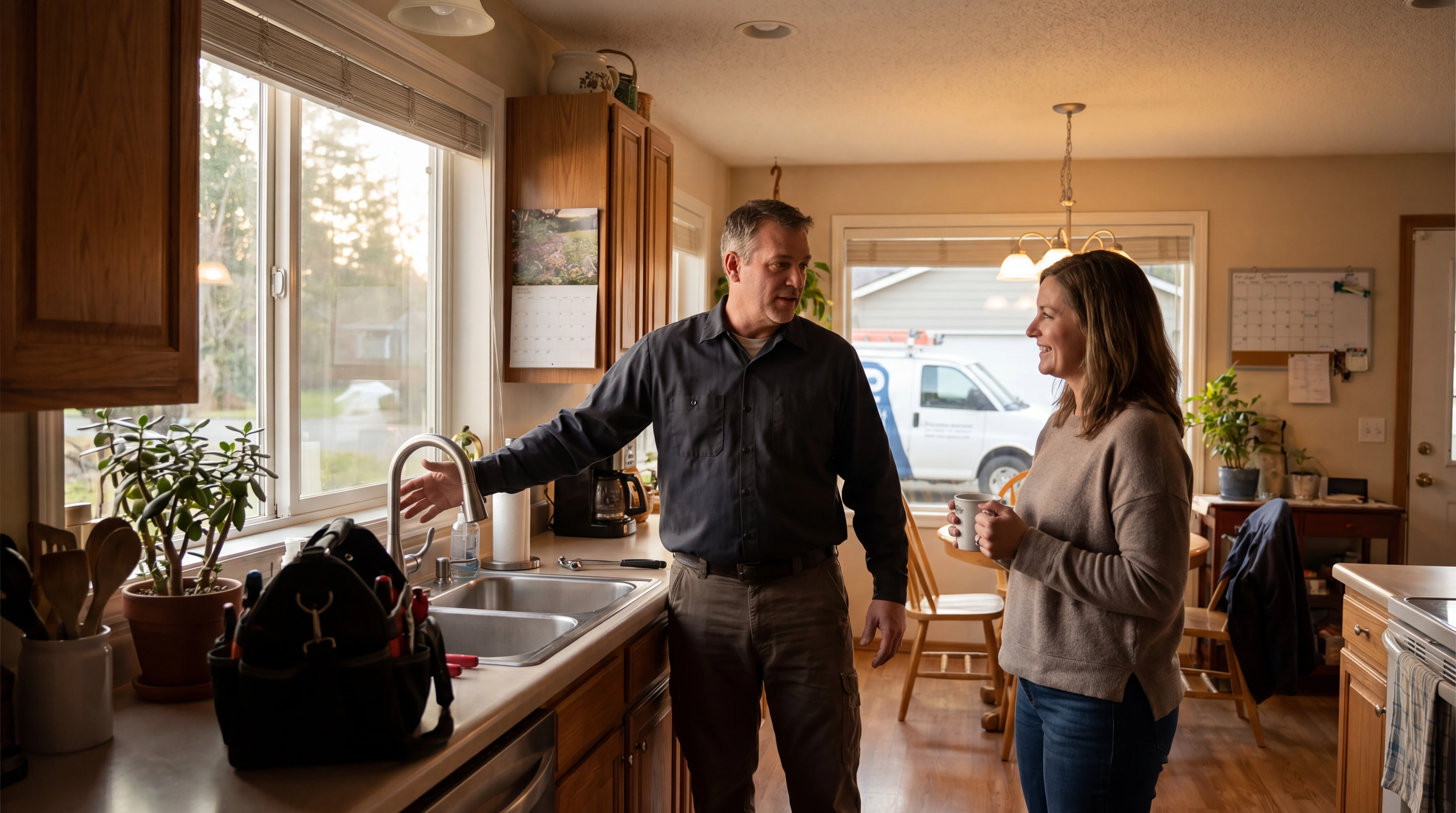 Realistic plumbing team scene illustrating after-hours booking in a home service workflow