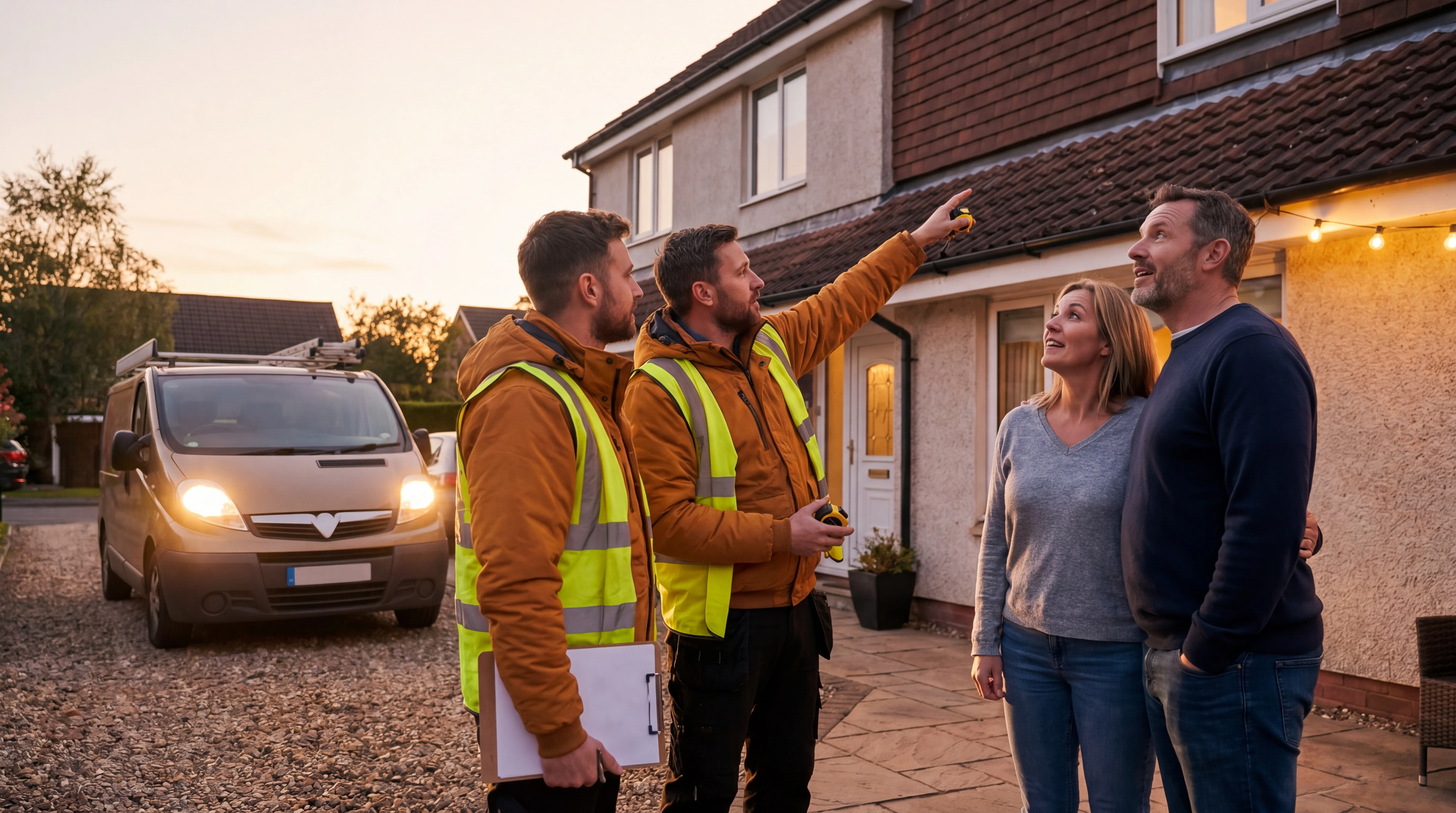 Realistic roofing team scene illustrating after-hours booking in a home service workflow
