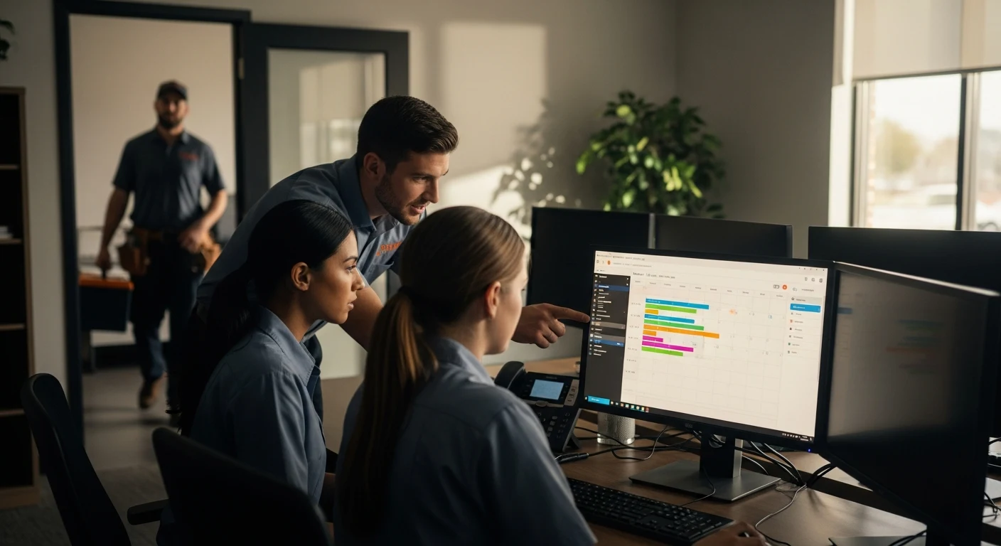 HVAC office team coordinating missed-call recovery workflow