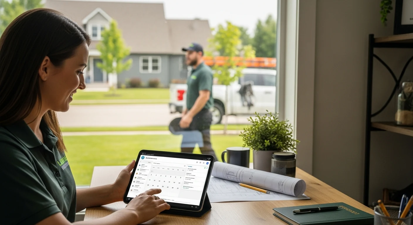 Realistic landscaping team scene illustrating booking automation with an AI front desk workflow
