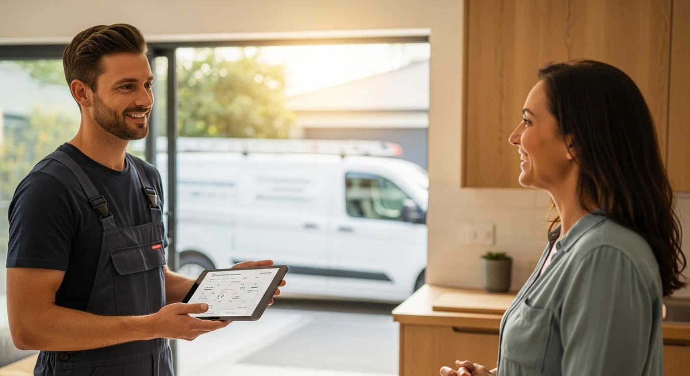 Realistic plumbing team scene illustrating booking automation with an AI front desk workflow
