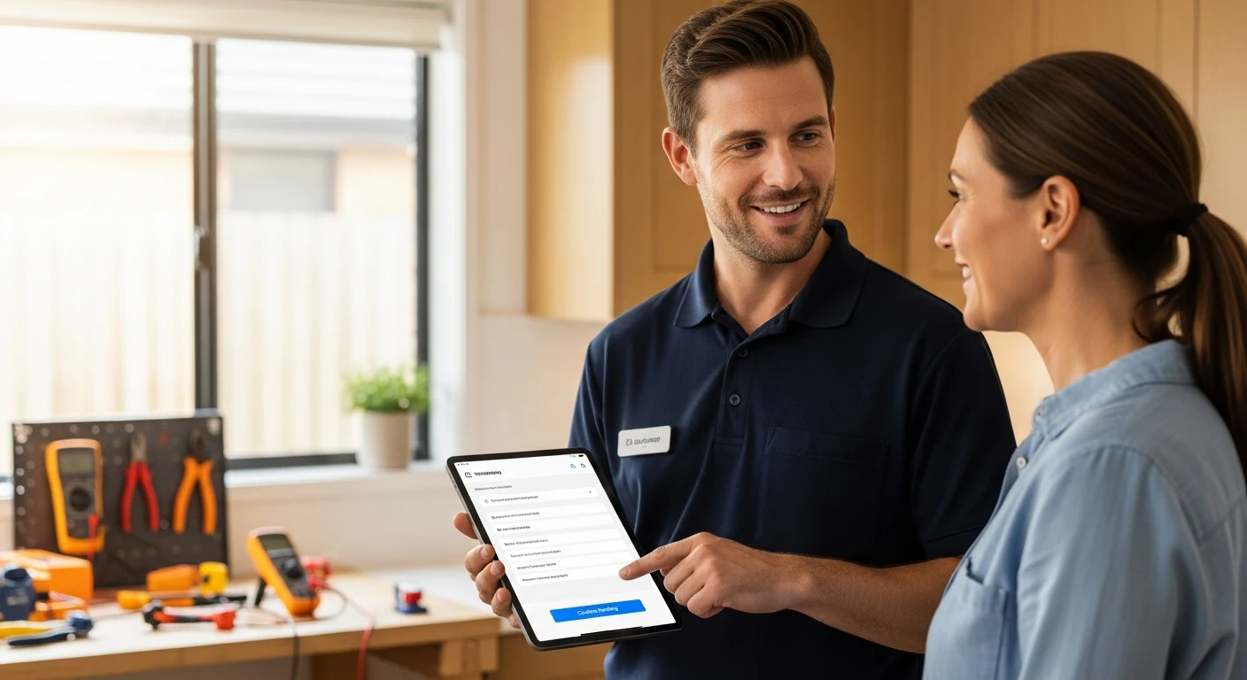 Realistic electrical team scene illustrating booking automation with an AI front desk workflow