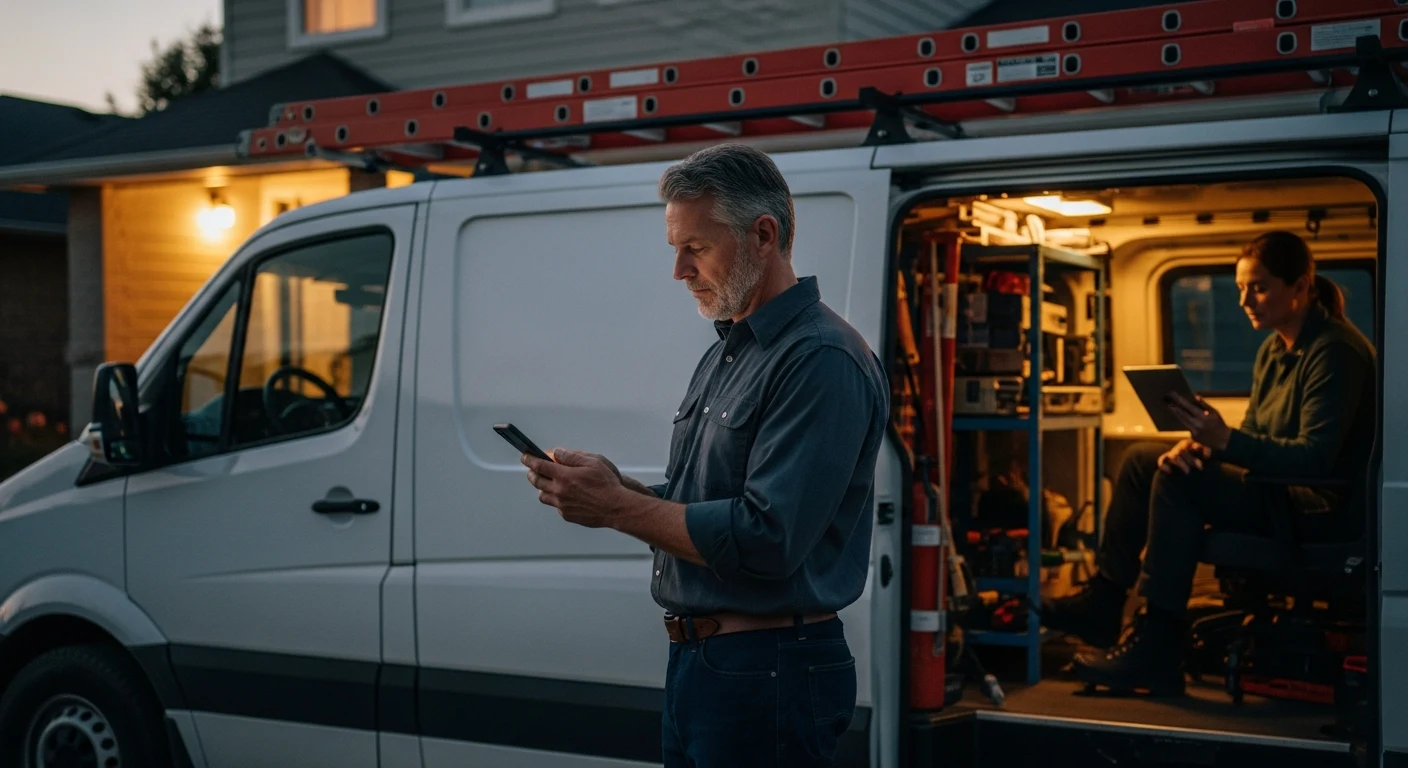 Realistic electrical team scene illustrating after-hours answering with an AI front desk workflow