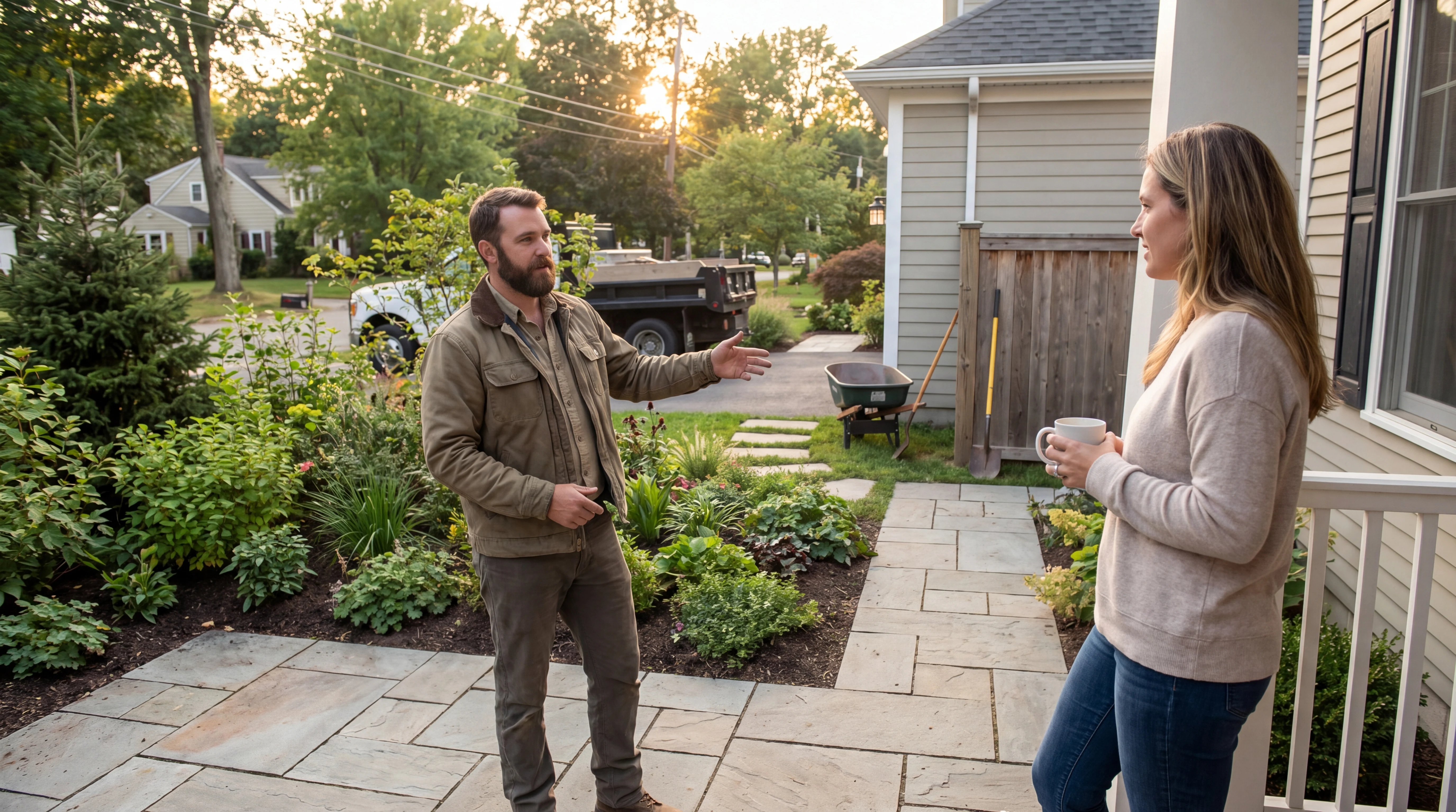 Realistic landscaping team scene illustrating after-hours answering in a home service workflow