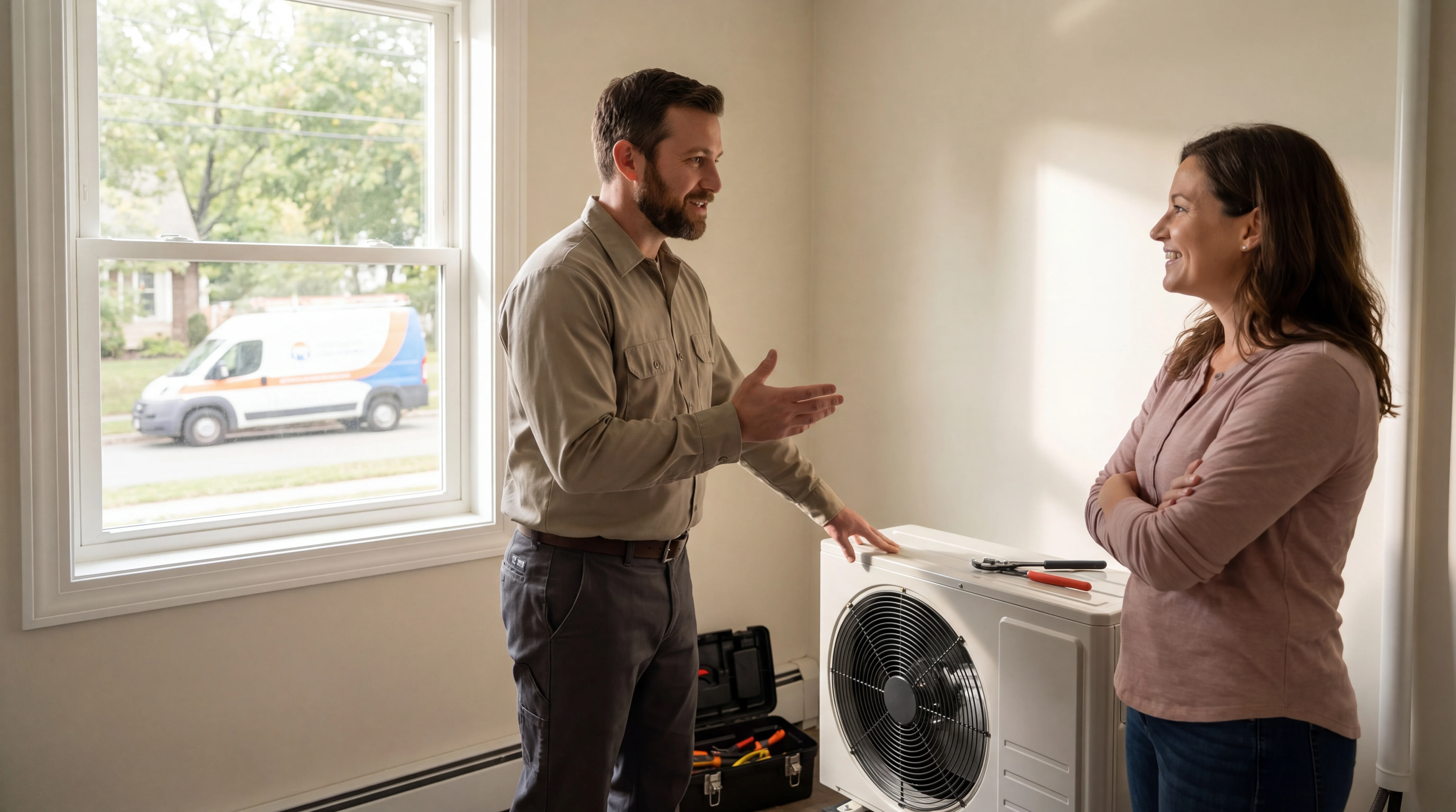 HVAC technician discussing an overflow service request with a homeowner near an outdoor unit