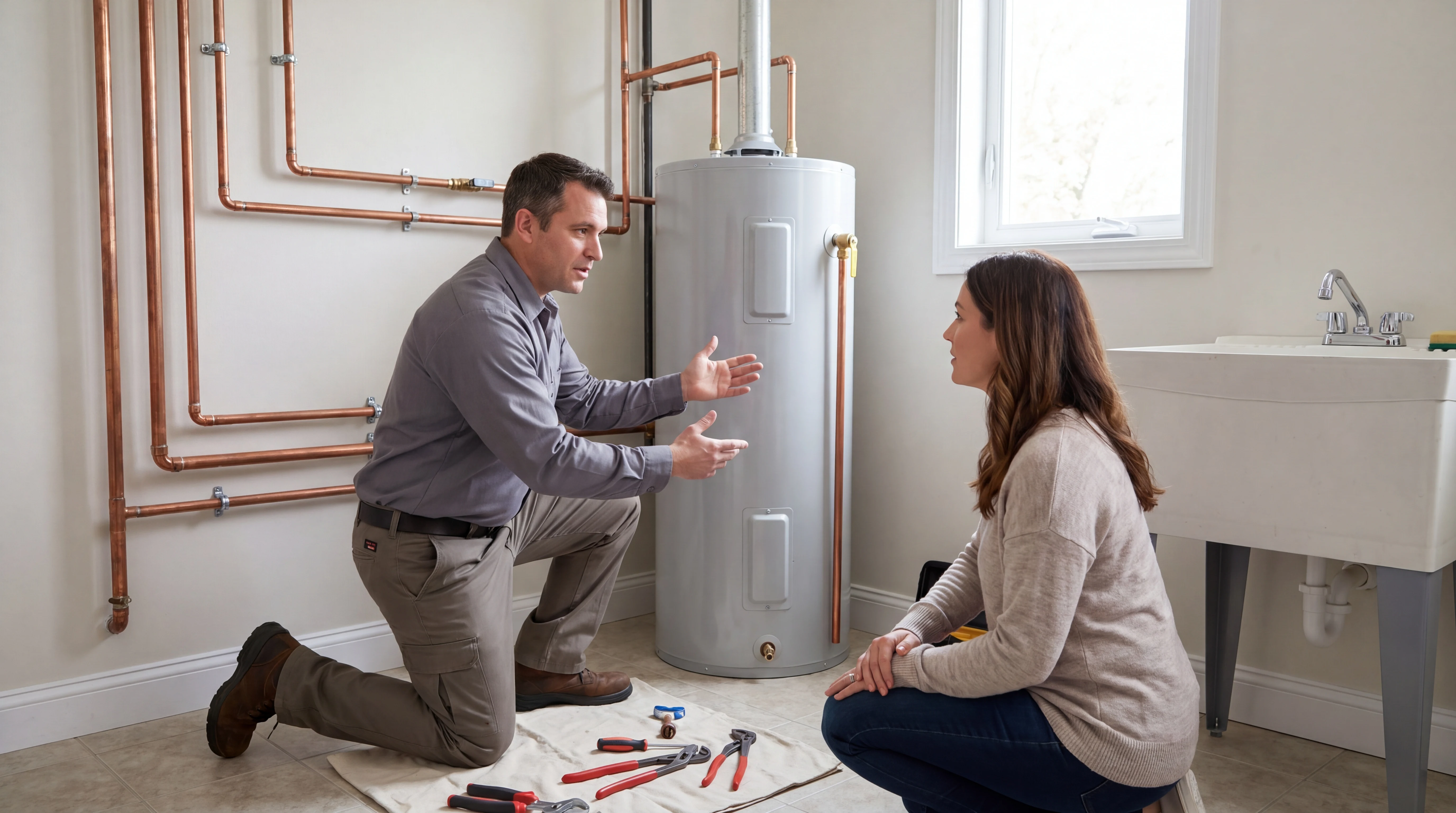 Realistic plumbing team scene illustrating call overflow in a home service workflow