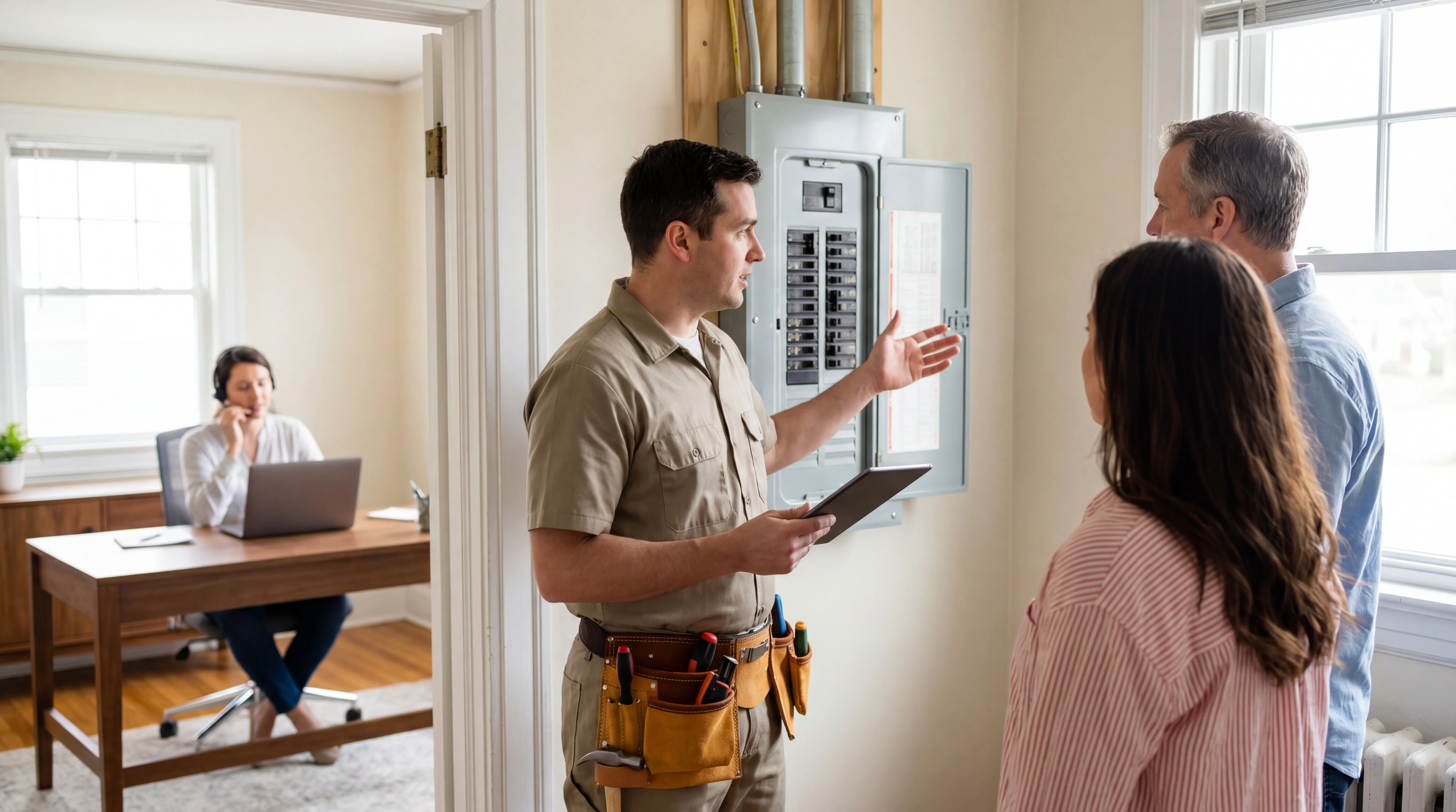 Electrical contractor reviewing a panel issue with homeowners during a structured intake workflow