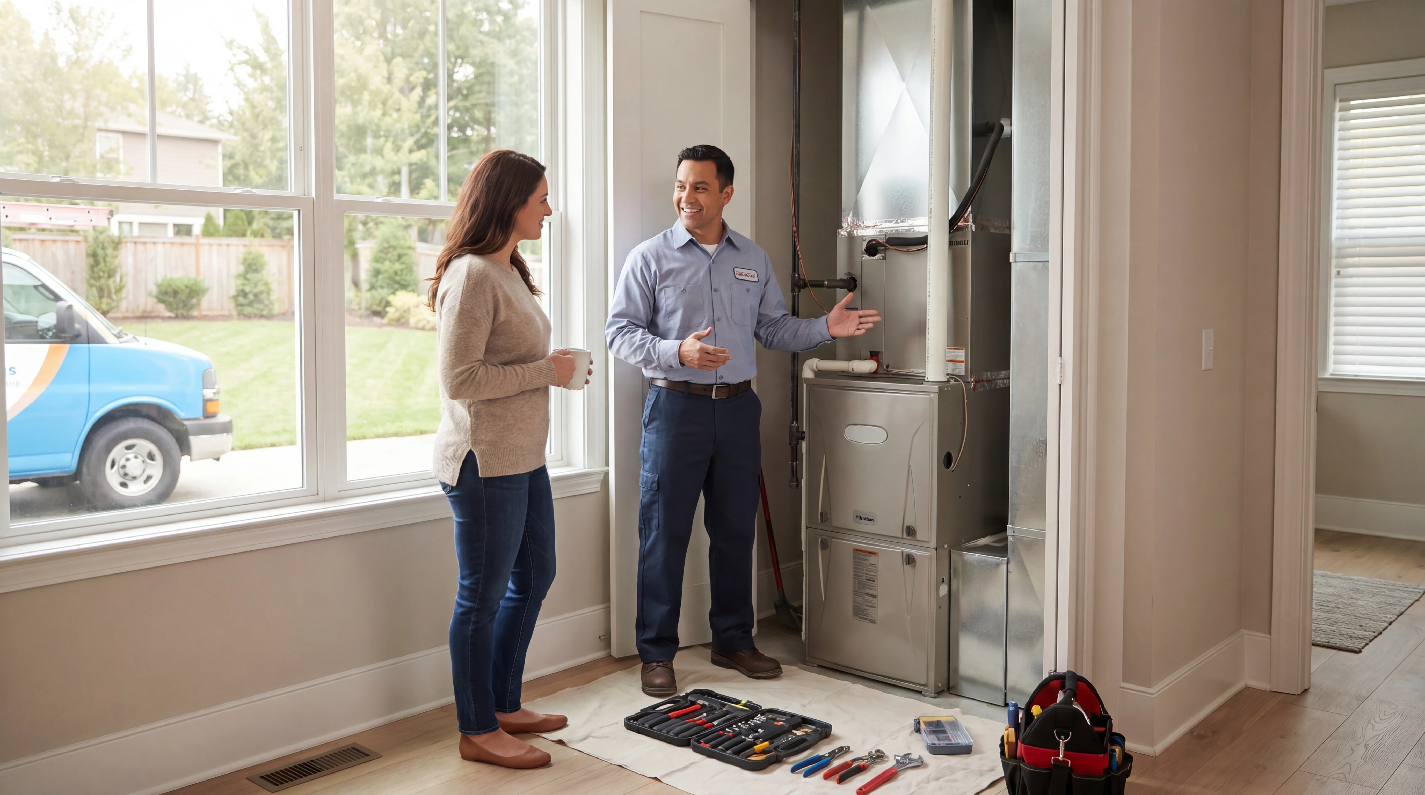 HVAC technician explaining furnace service options to a homeowner during a front-desk intake workflow
