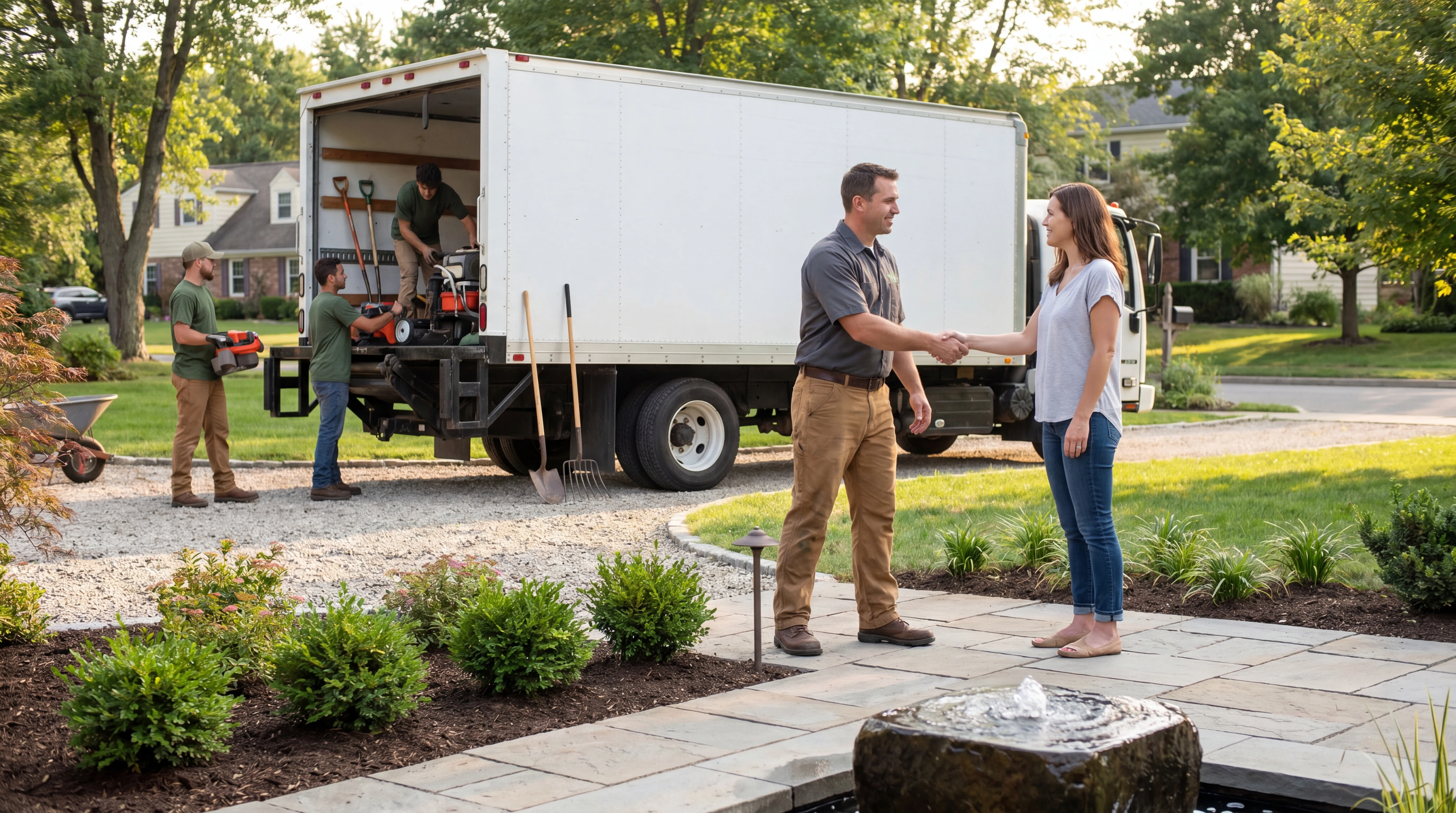 Realistic landscaping team scene illustrating ai receptionist vs answering service in a home service workflow