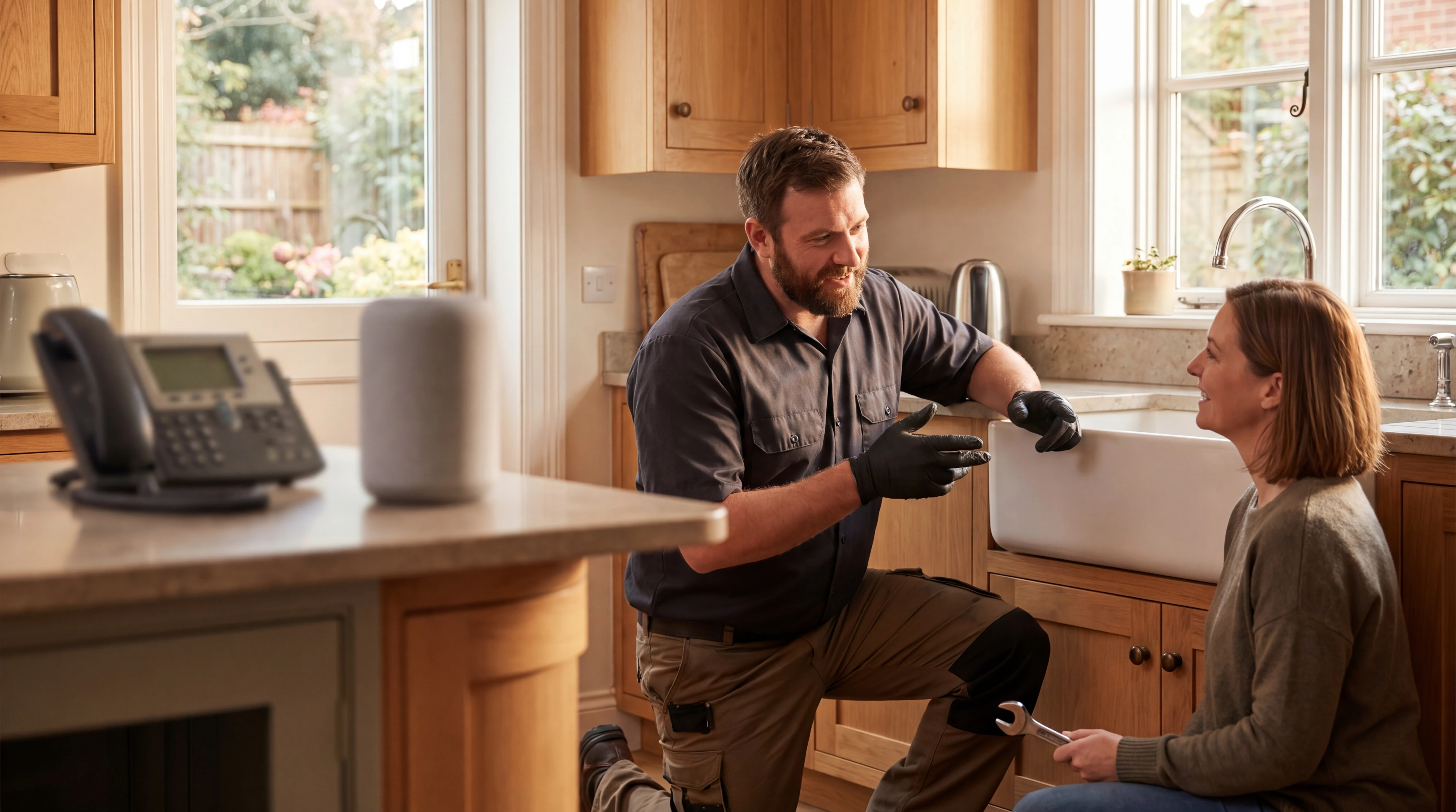 Realistic plumbing team scene illustrating ai receptionist vs answering service in a home service workflow