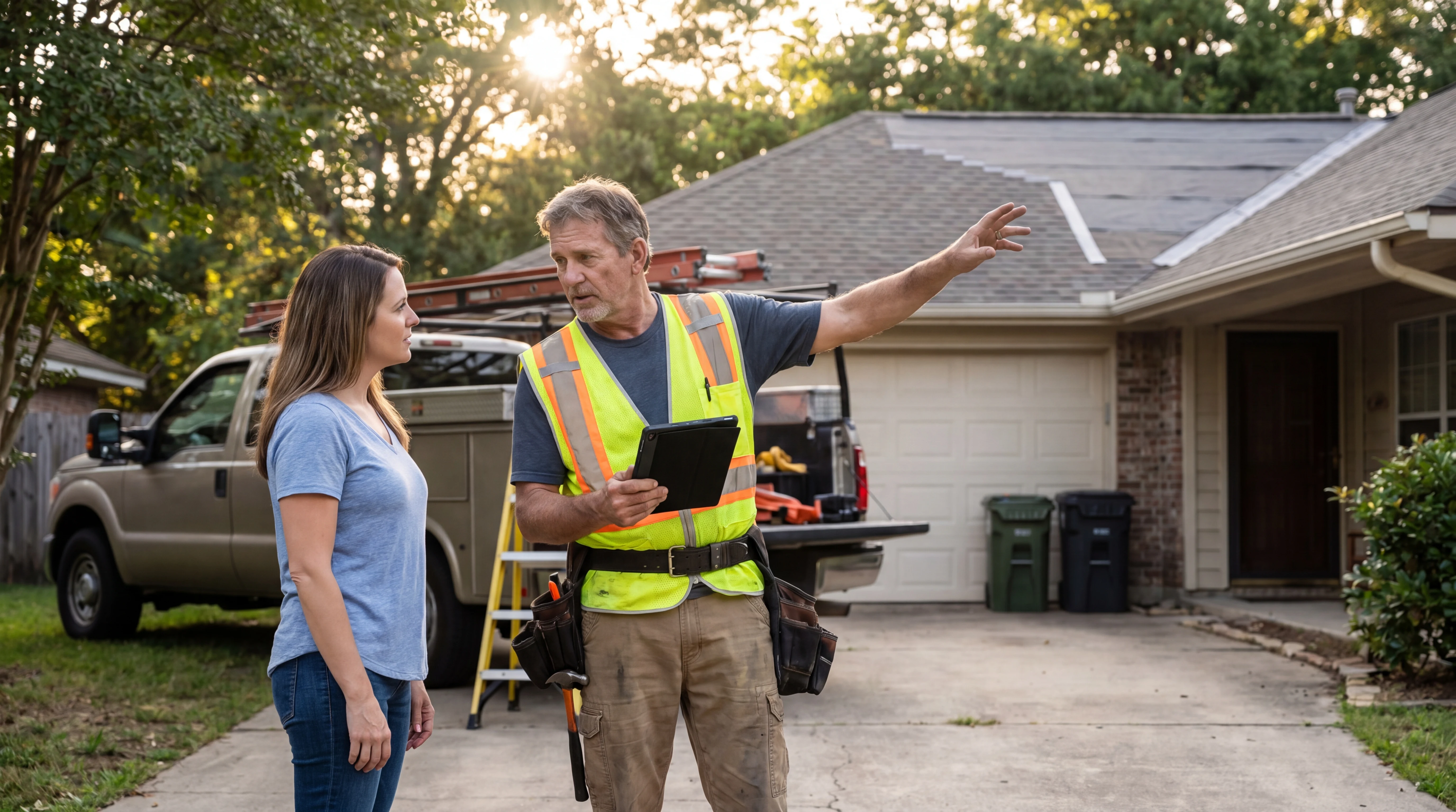 Roofing contractor using a tablet while qualifying a homeowner estimate request in a driveway