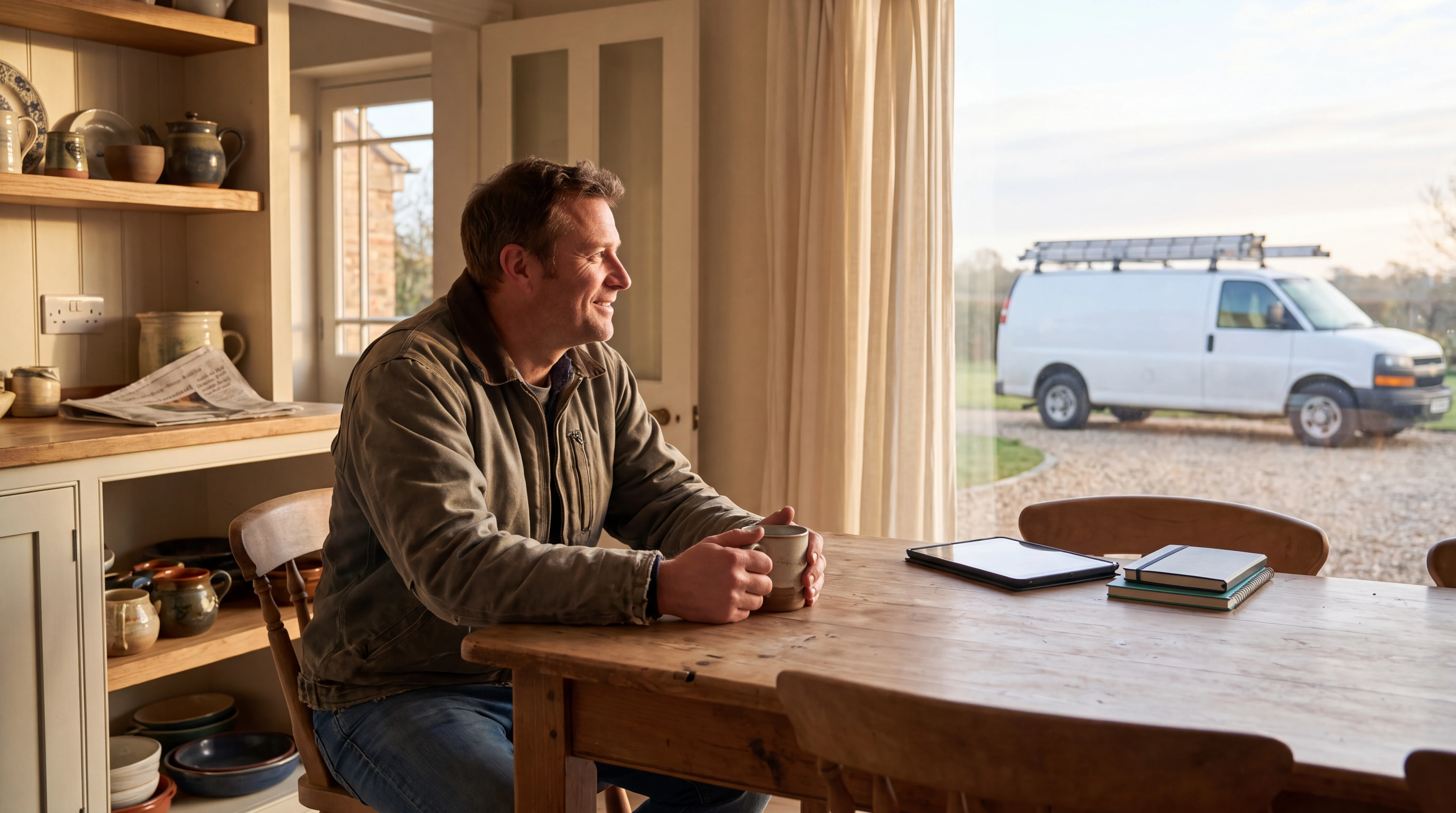 Home service business owner with morning coffee at his kitchen table and his work van waiting outside, illustrating invoicing follow-up that runs without him