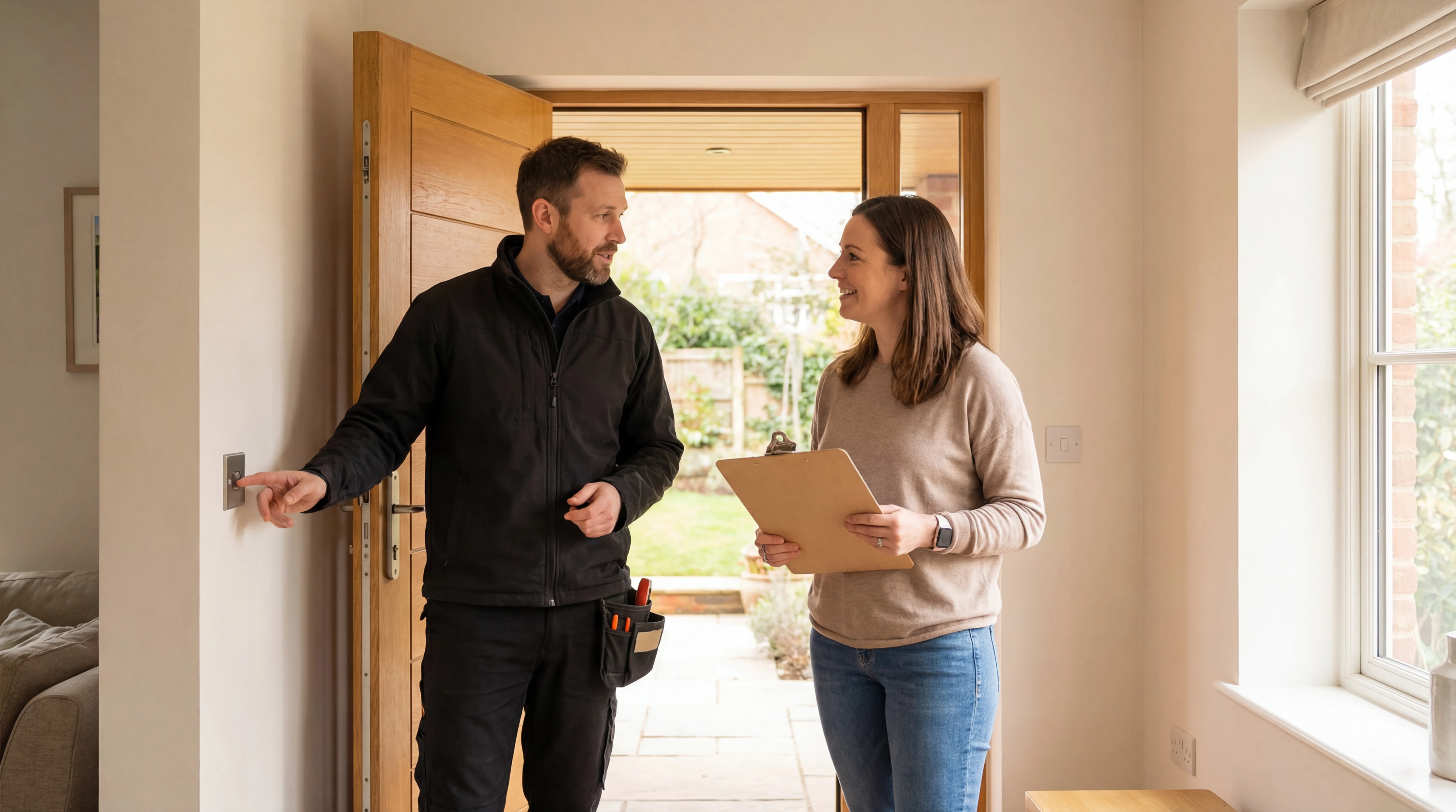Realistic electrical team scene illustrating automated customer follow-up after a completed service call