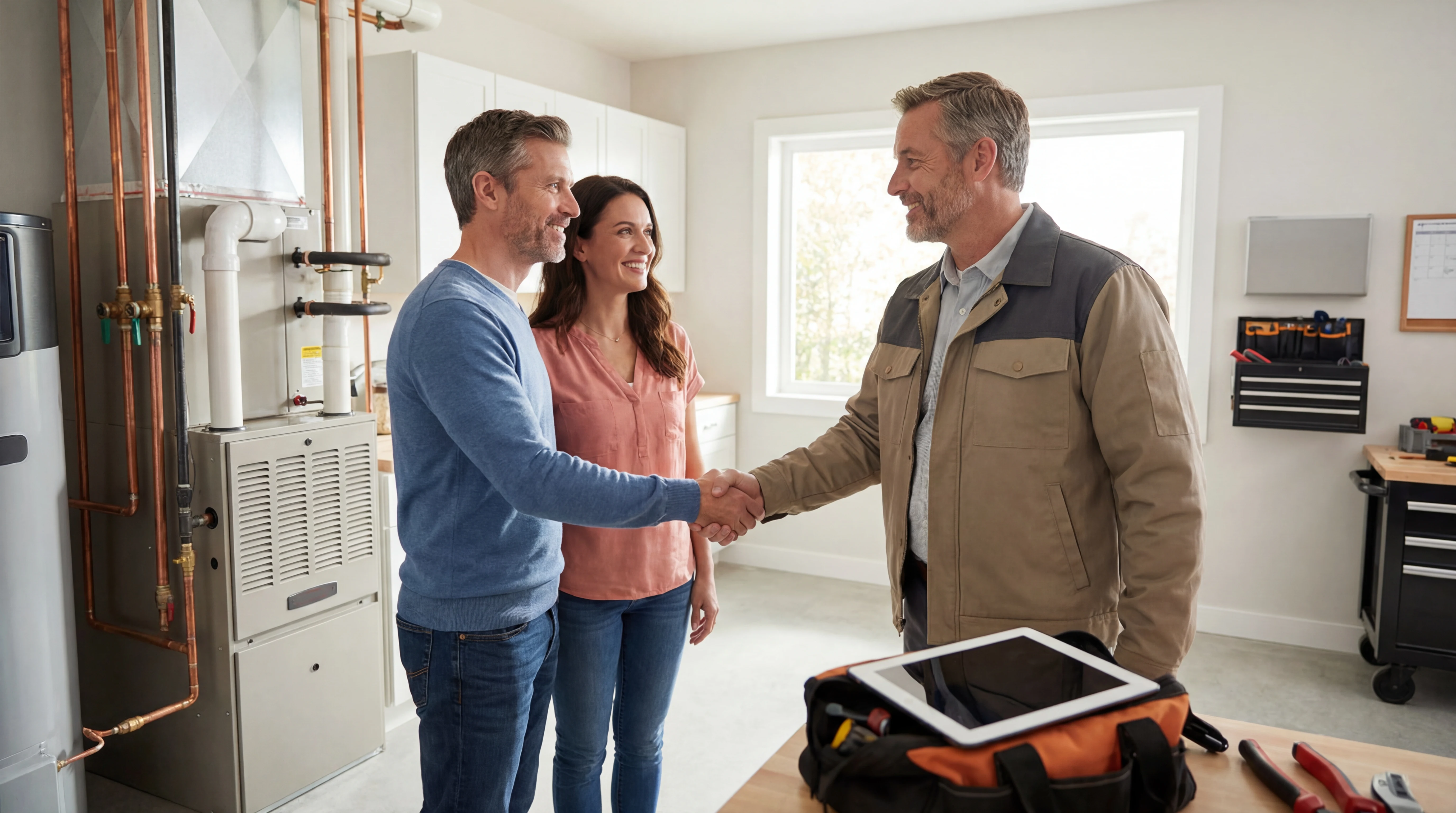 Realistic hvac team scene illustrating review automation with an AI front desk workflow