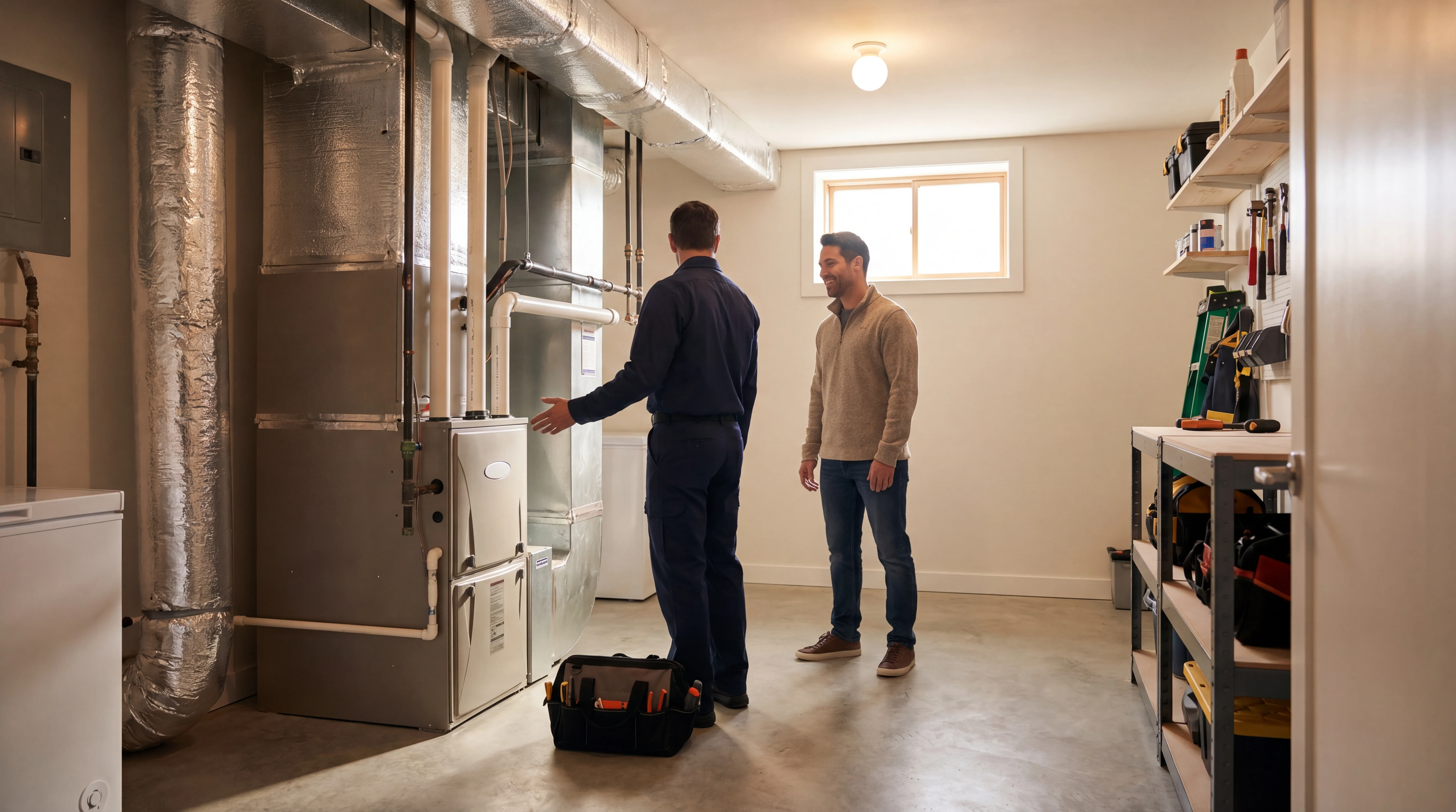 Realistic HVAC team scene illustrating an AI front desk workflow