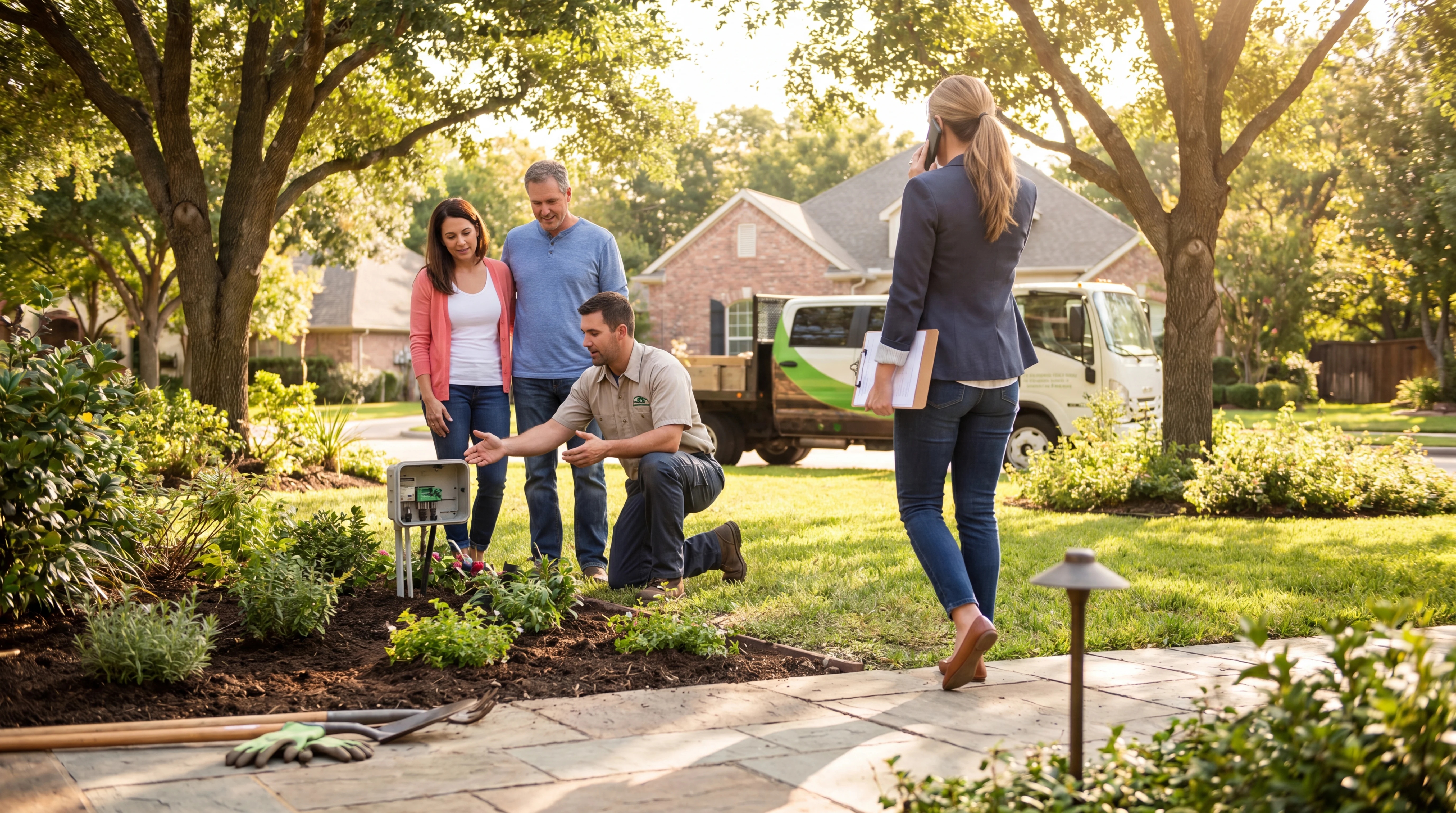 Realistic landscaping team scene illustrating ai front desk comparison in a home service workflow
