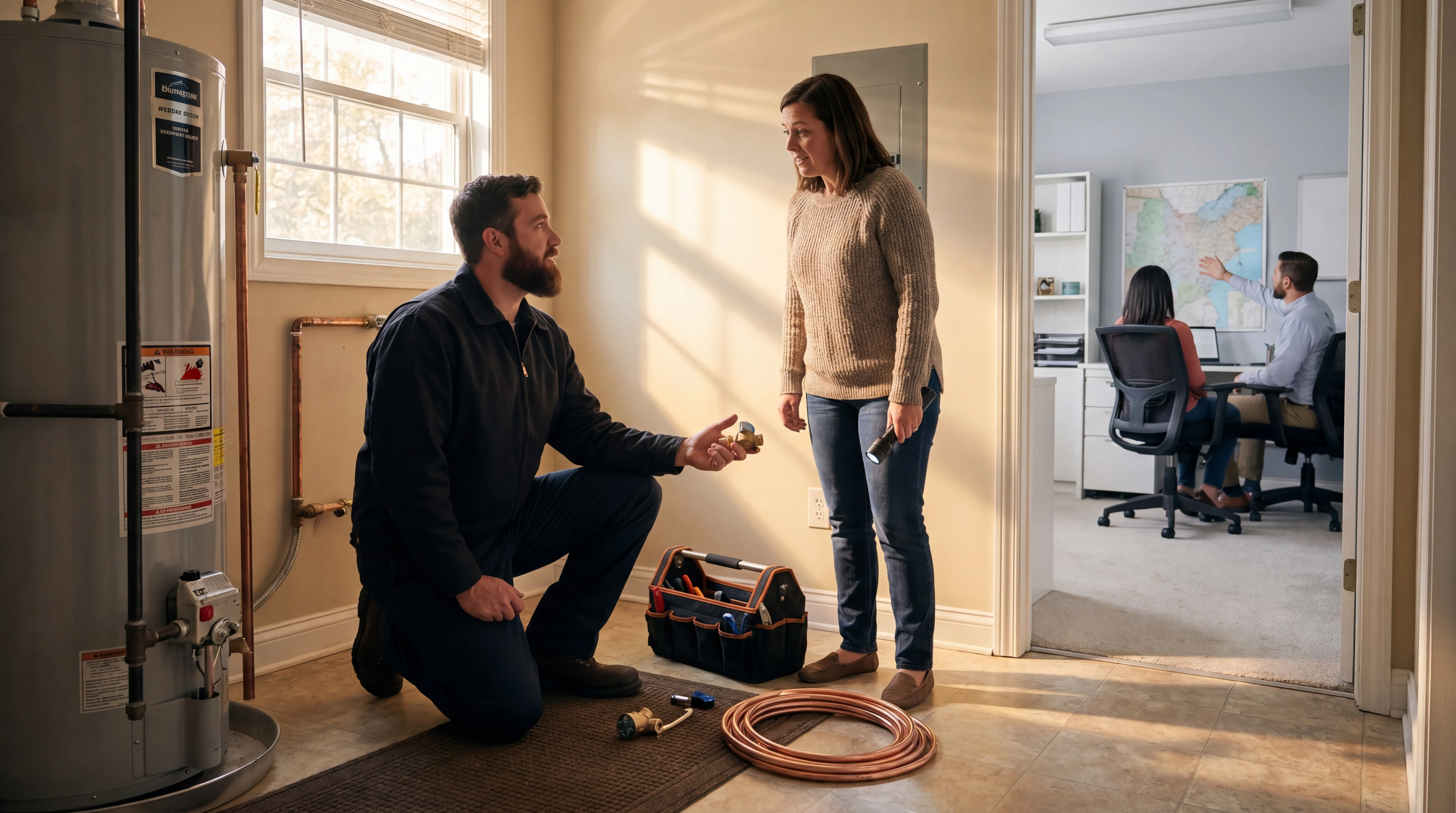 Realistic plumbing team scene illustrating emergency call triage in a home service workflow