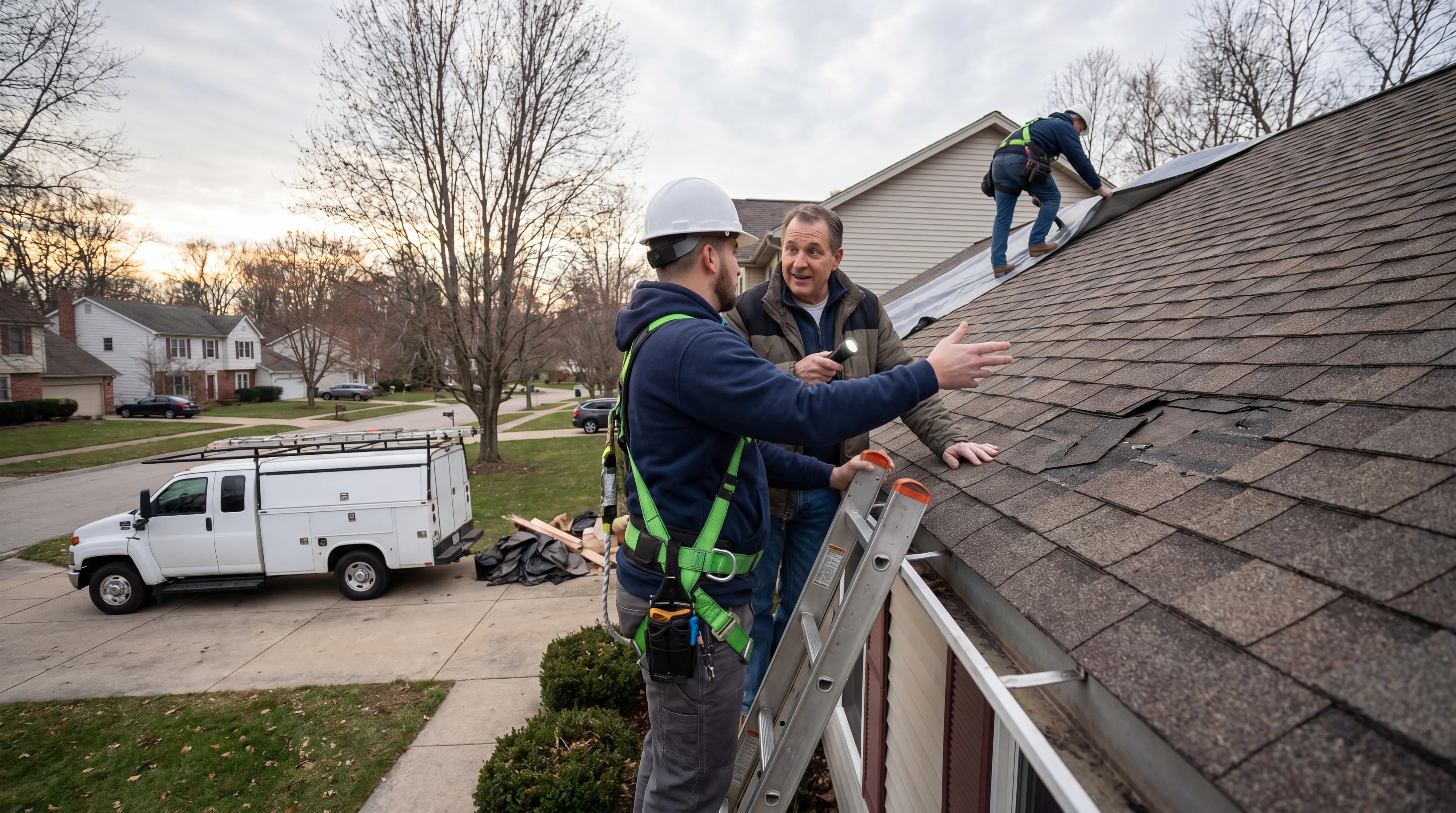 Realistic roofing team scene illustrating emergency call triage in a home service workflow
