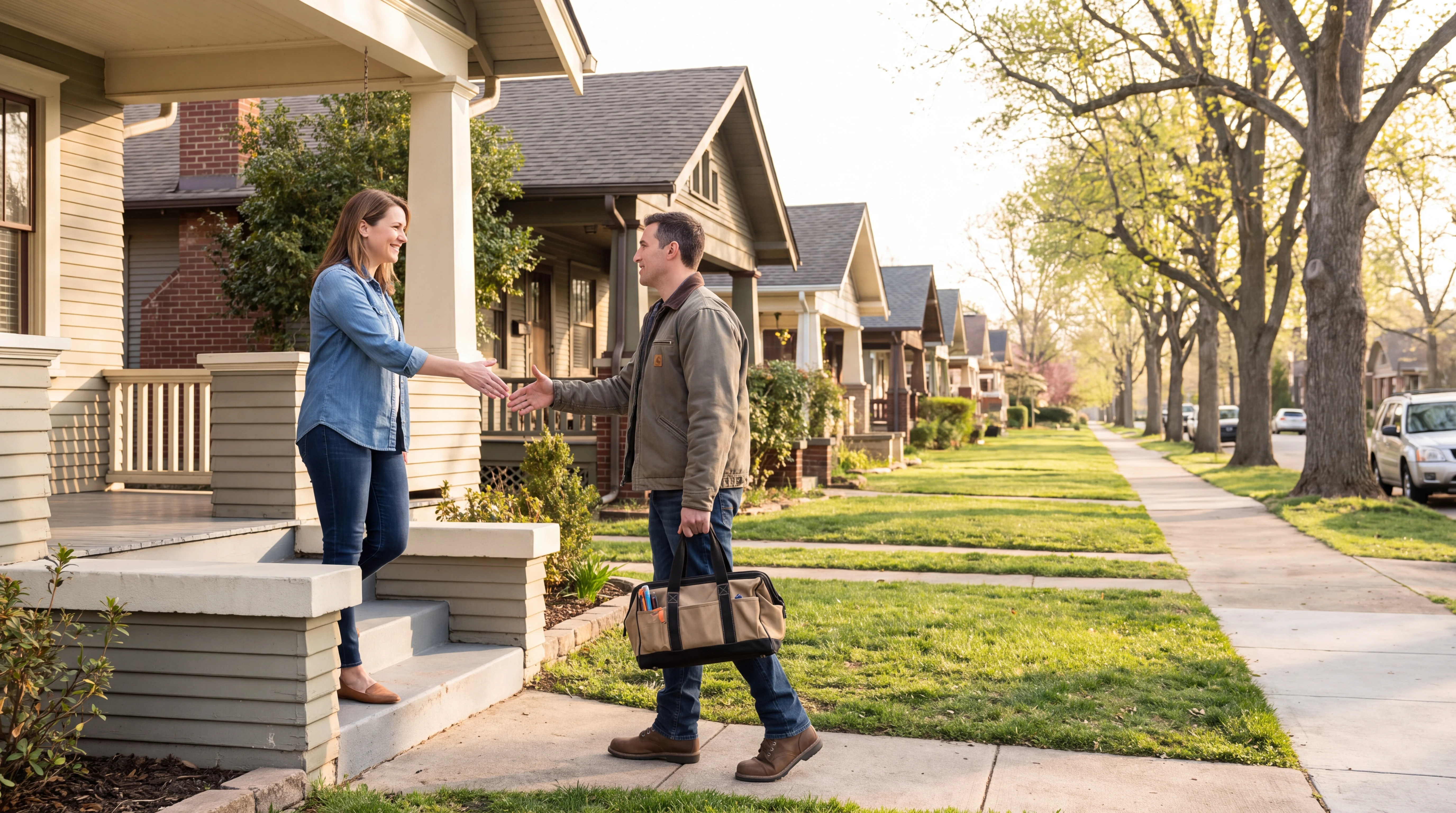Homeowner on her front porch shaking hands with an electrician she has just met, neighboring houses receding down the residential street behind him