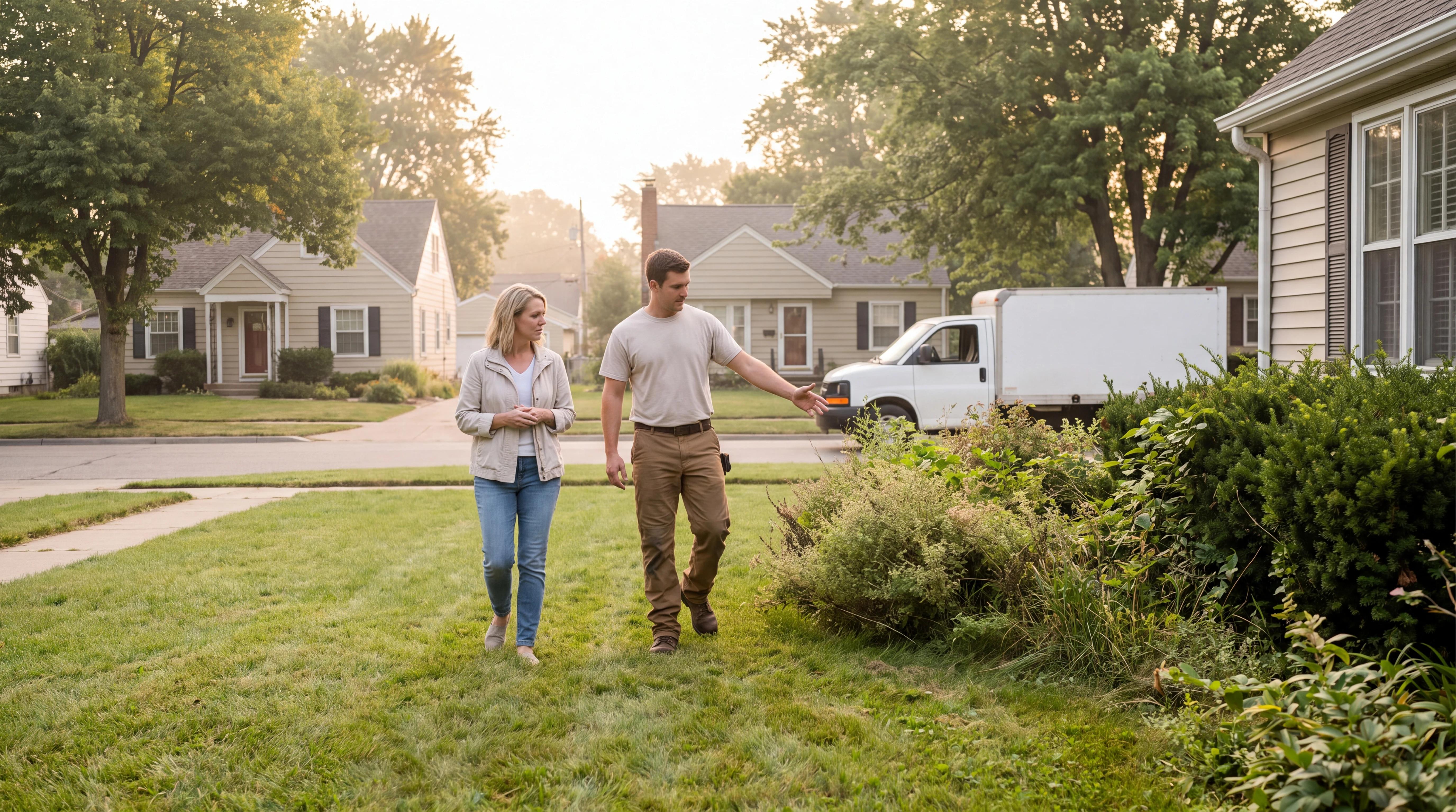 Landscaper walking a homeowner's front yard with her on a first estimate visit, neighboring houses and a quiet residential street behind them