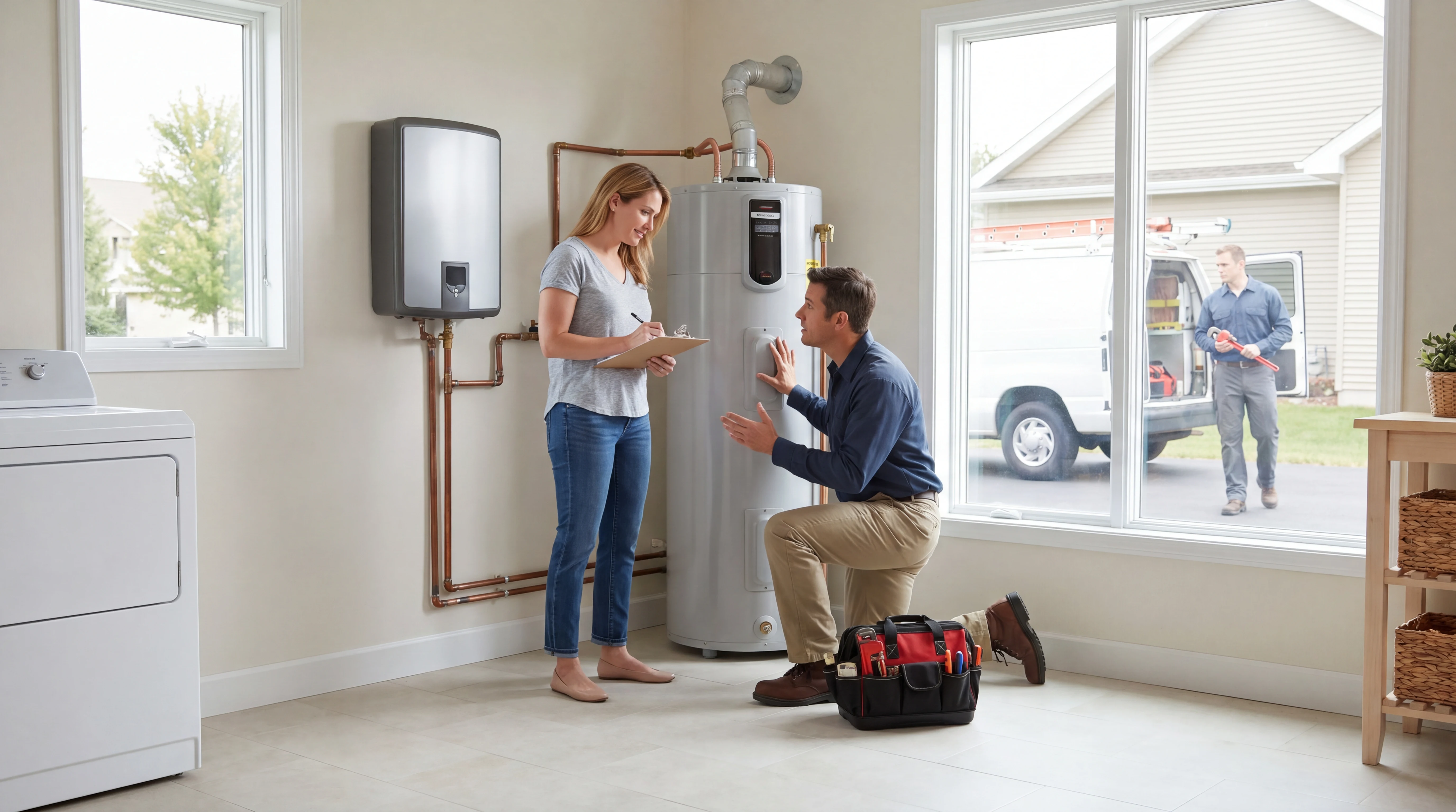 Realistic plumbing team scene illustrating gbp to booked jobs in a home service workflow