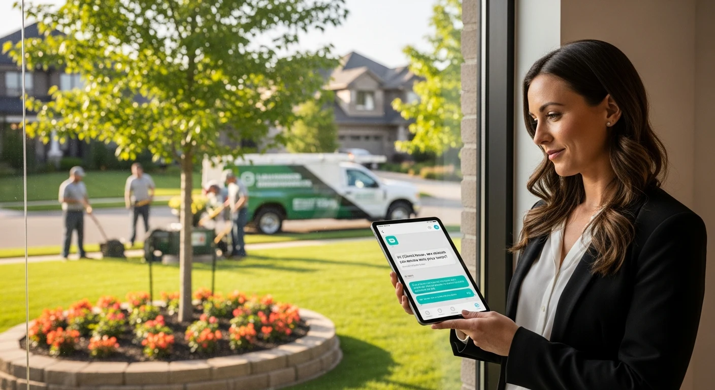 Realistic landscaping team scene illustrating missed-call recovery with an AI front desk workflow