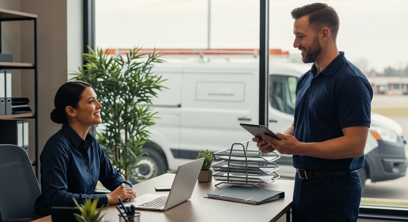 Realistic plumbing team scene illustrating missed-call recovery with an AI front desk workflow