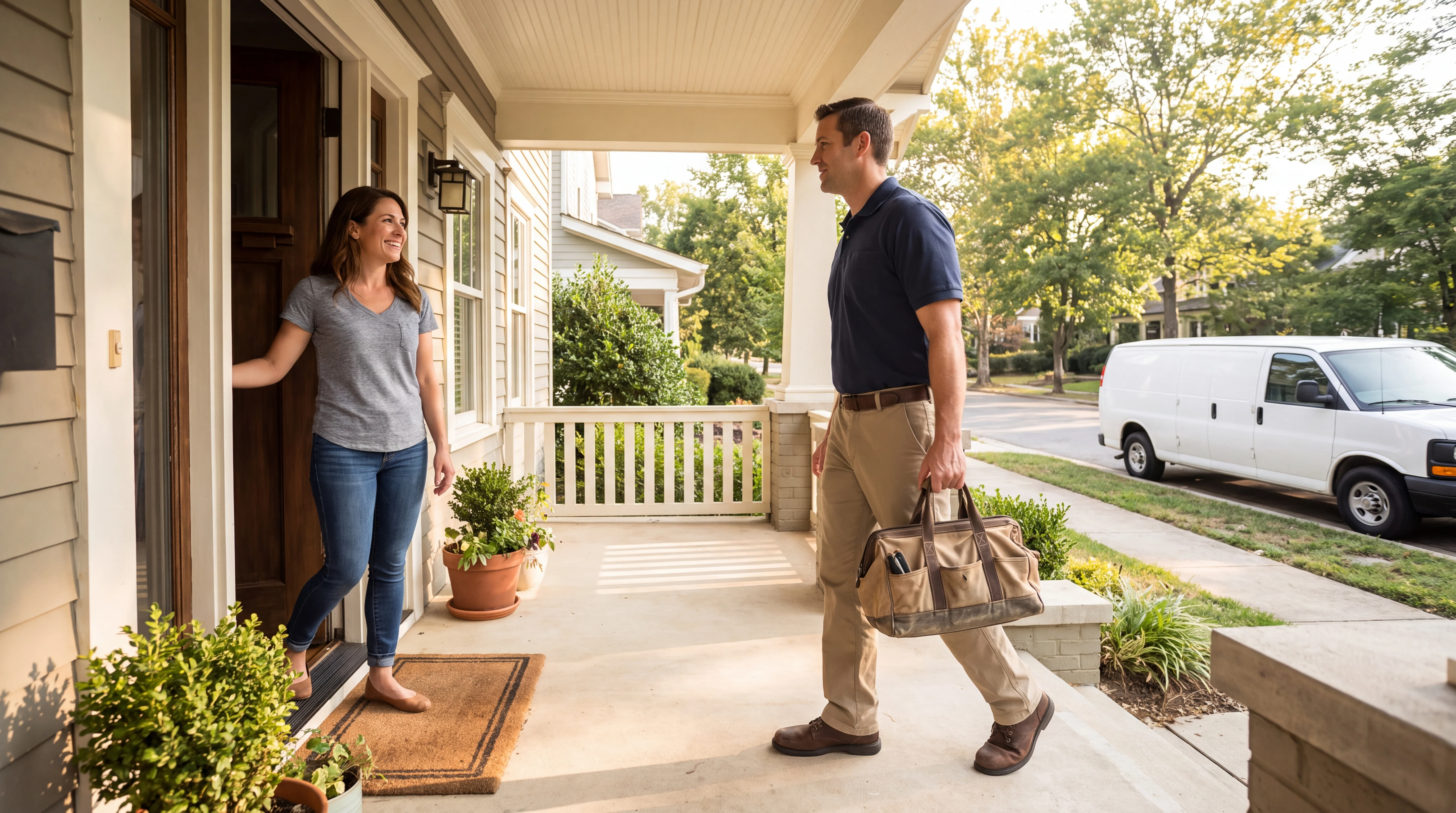 Homeowner opening her front door as a home service technician arrives on the porch, illustrating an appointment kept after a reminder