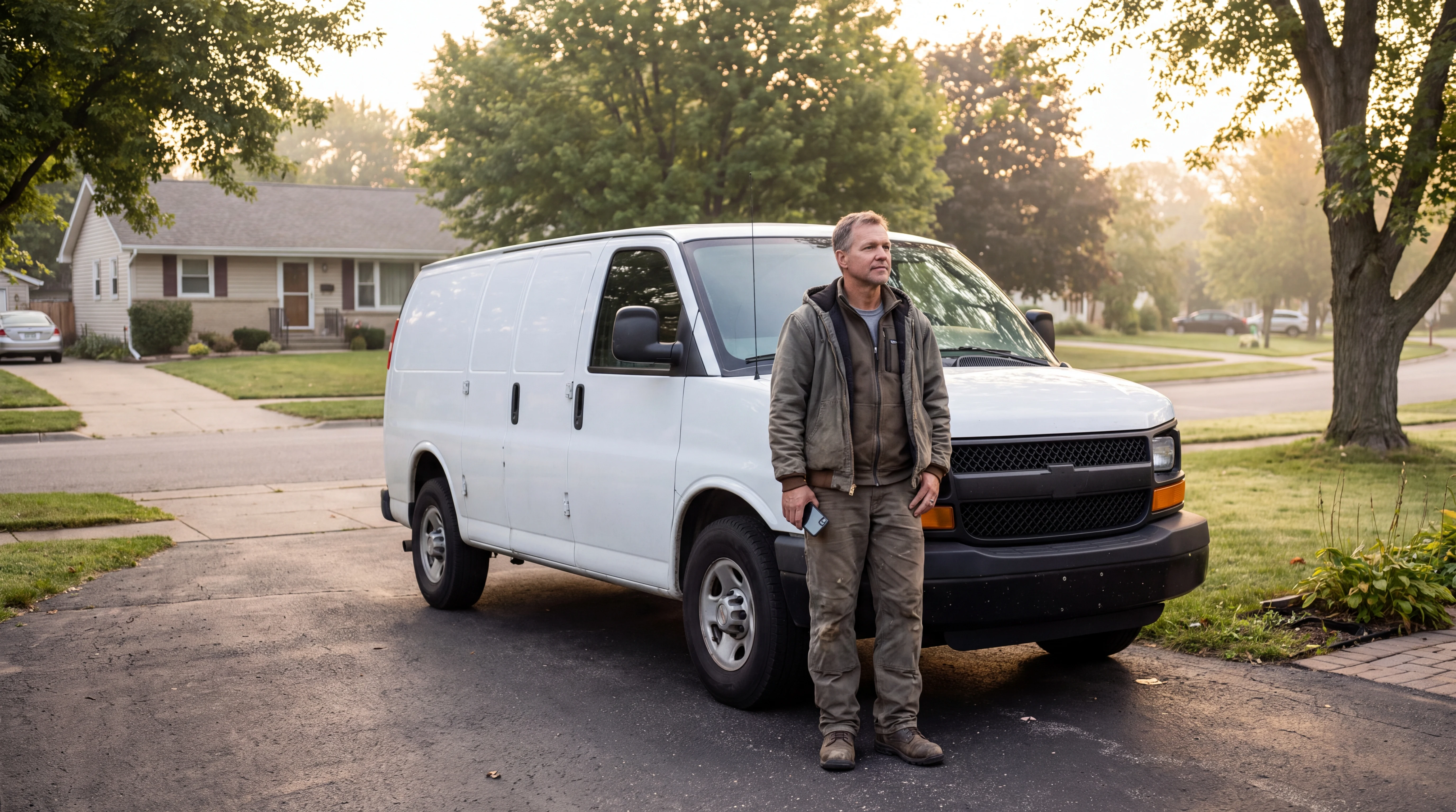 Home service business owner standing beside his van in early morning light with his phone in hand, illustrating running the business from one text thread